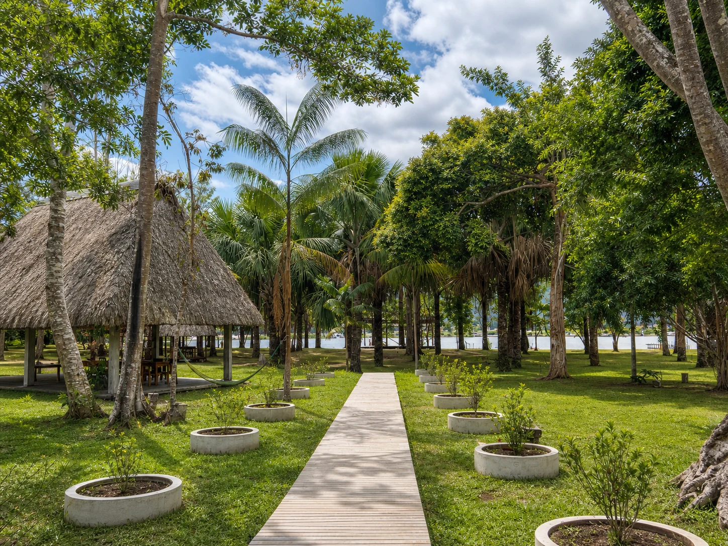 Camino entre jardines y palmeras que conduce hacia la Laguna de los Milagros