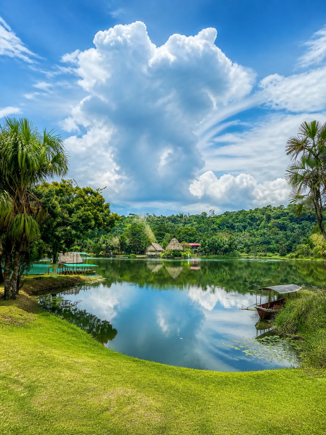 Vista panorámica de la Laguna de los Milagros, sus chozas y un bote